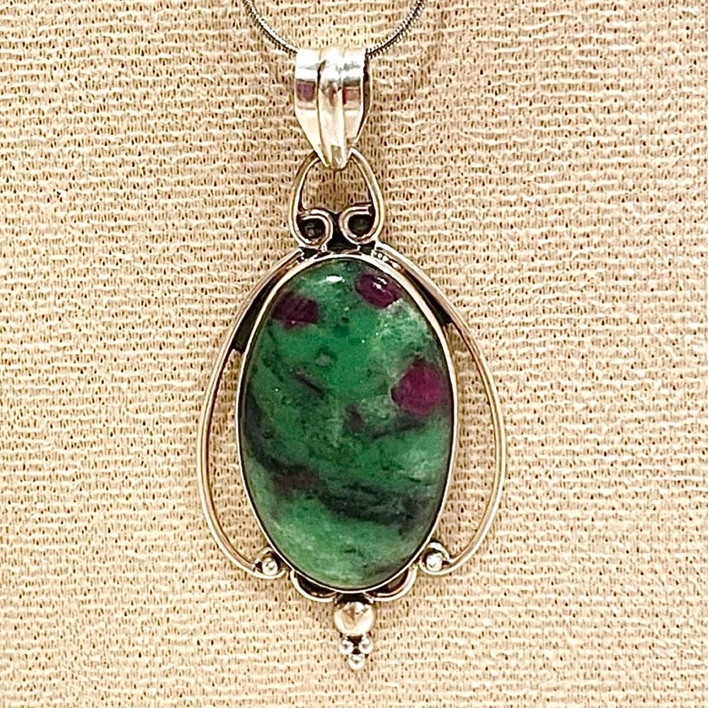Vintage Navajo Sterling Set Ruby in Zoisite Natural Stone Pendant.